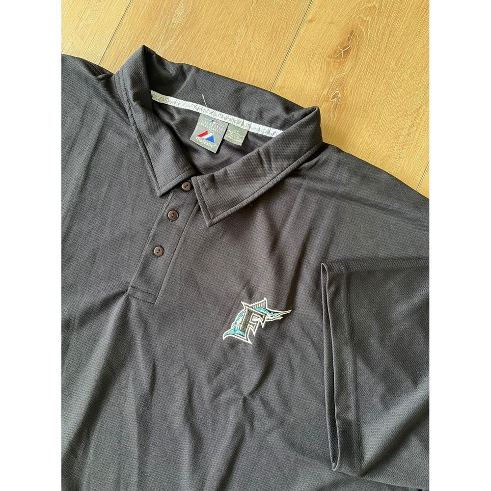Majestic Florida Marlins MLB Polo Shirt Mens 6X Black Short‎ Sleeve Embroidered